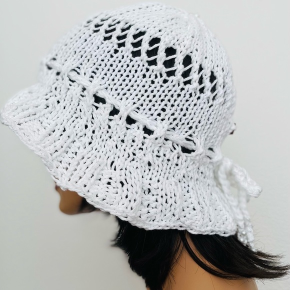Hand Knits 2 Love White Cotton Brim Hat Cap Lace Pearls White Designer Lace Chic - Picture 5 of 9